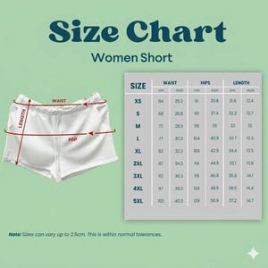 May include: White women's shorts with a size chart. The chart displays waist, hip, and length measurements in inches and centimeters for sizes XS to 5XL. The text "Size Chart" and "Women Short" are at the top.