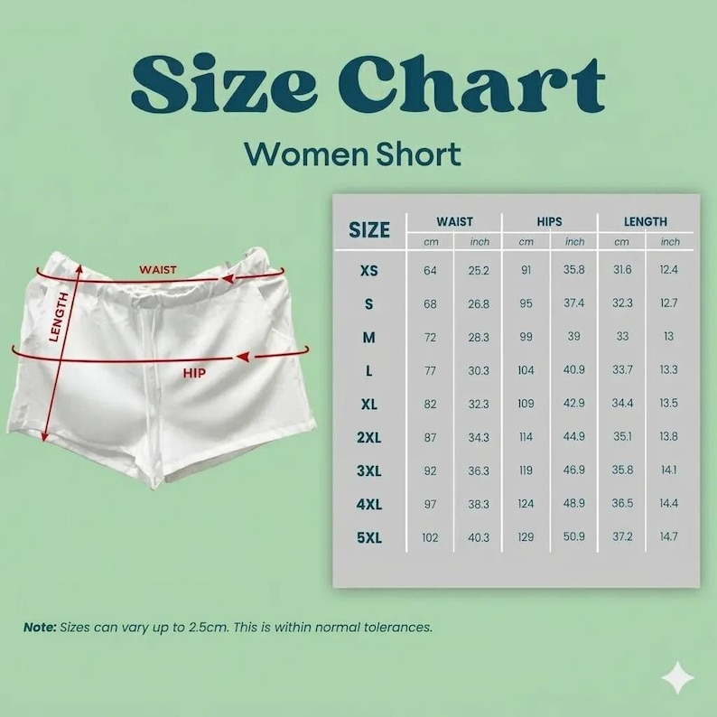 May include: White women's shorts with a size chart. The chart displays waist, hip, and length measurements in inches and centimeters for sizes XS to 5XL. The text "Size Chart" and "Women Short" are at the top.