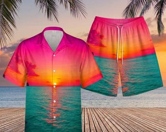 Conjunto hawaiano Sunset Beach, camisa y shorts Tropical Ocean Sunrise, atuendo veraniego rosa y turquesa, ropa de fiesta con estética vaporwave, regalo navideño