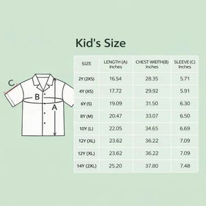 May include: A diagram illustrating kid's shirt measurements in inches. The chart shows sizes from 2Y to 14Y, with length, chest width, and sleeve measurements. The shirt graphic is white with a collar and buttons.