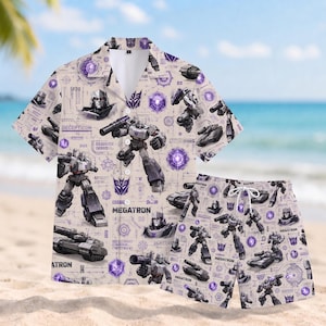May include: A short-sleeve button-down shirt and matching shorts set featuring an all-over print of the character Megatron from Transformers. The design includes purple Decepticon logos, tank illustrations, and the text Megatron and Decepticon.