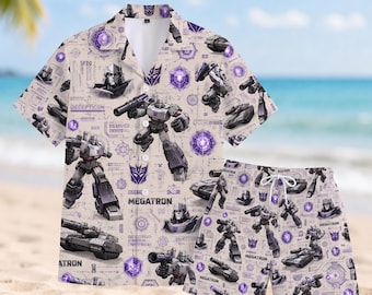 Megatron Hawaiian Shirt/Shorts, Transformers Decepticon Button Up Shirt, Robot Beach Shirt, Summer Vacation Gift for Men