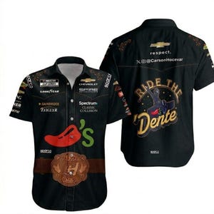 May include: Black button-up shirt with a Chili's logo, sponsor logos, and the text "Ride the Dente." The shirt features a red chili pepper graphic and a brown belt buckle design with the year 2026.