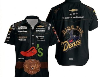 Camisa hawaiana de Carson Hocevar Nascar Racing 2026, camiseta de carreras personalizada negra para aficionados, camisa retro de deportes de motor con botones, camiseta de las 500 Millas de Indianápolis.