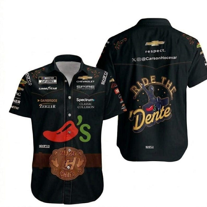 May include: Black button-up shirt with a Chili's logo, sponsor logos, and the text "Ride the Dente." The shirt features a red chili pepper graphic and a brown belt buckle design with the year 2026.