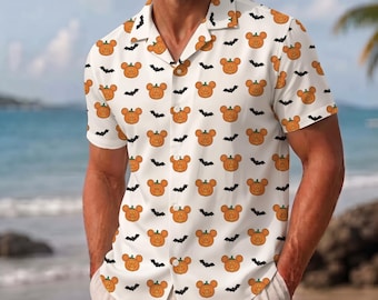 Mouse Ear Pumpkin Hawaiian Shirt, Spooky Park Beach Shirt, Halloween Button Up, Mouse Head Jack O Lantern, Holiday Vacation Shirt