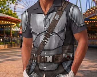Mandalorian Inspired Hawaiian Shirt, Sci-Fi Cosplay Button Up Shirt, Halloween Costume Gift