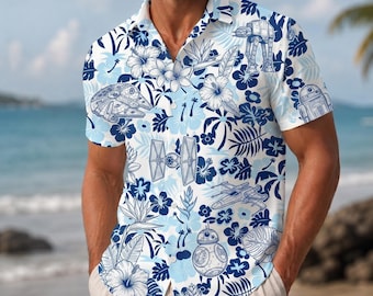 Star Wars Hawaiian Shirt, Space Droids Tropical Button Up, Aloha Shirt for Men, Beach Vacation Outfit, Gift for Dad