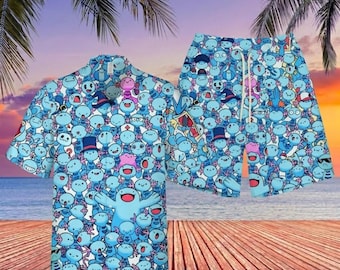 Wooper and Quagsire Crowd Print Hawaiian Shirt And Shorts Set, Cute Amphibian Doodle Summer Beach Outfit, Custom Retro Anime Atyle Apparel