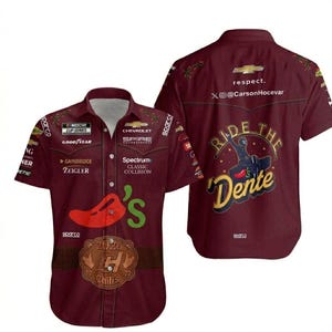 May include: A maroon button-up shirt with short sleeves. The shirt features various logos, including "Chili's", "Goodyear", and "Chevrolet". The back of the shirt displays the text "Ride the Dente" and the Chevrolet logo.