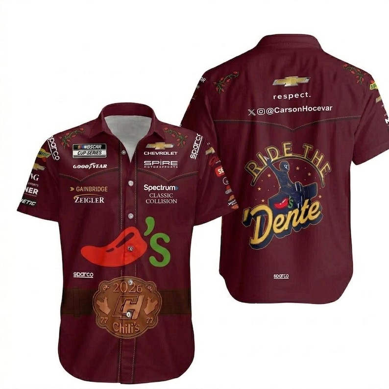 May include: A maroon button-up shirt with short sleeves. The shirt features various logos, including "Chili's", "Goodyear", and "Chevrolet". The back of the shirt displays the text "Ride the Dente" and the Chevrolet logo.