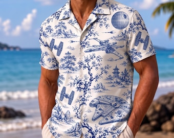 Star Wars Toile de Jouy Hawaiian Shirt, Blue Porcelain Spacecraft Tropical Button Up, Aloha Shirt for Men, Vintage Geek Gift for Him