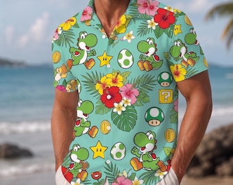 Camisa hawaiana de Yoshi Super Mario, pantalones cortos de verano de Mario Gaming, camisa de botones de videojuegos, regalo para él.