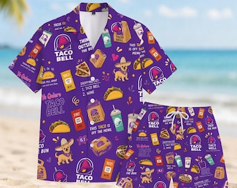 Camisa hawaiana de Taco Bell, pantalones cortos de verano de comida rápida, regalo para fans de Taco Bell, atuendo divertido para amantes de los tacos, camisa para la playa de vacaciones
