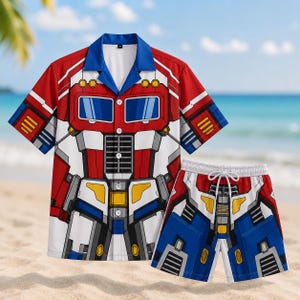 May include: A short-sleeve button-down shirt and matching shorts set featuring a graphic print of a red, white, and blue robot character with mechanical details, including yellow accents, a blue collar, and a white drawstring on the shorts.