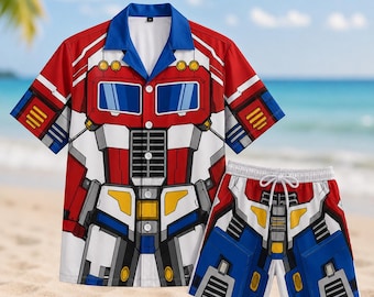Camisa hawaiana de disfraz de Optimus Prime, camisa de botones de Transformers, pantalones cortos de cosplay de la película de robots, regalo para los fans de los Autobots.