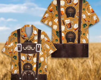 Camisa hawaiana de cerveza Oktoberfest para hombres y mujeres, divertida camisa de disfraz de Lederhosen, atuendo de festival de cerveza alemán con tirantes de mentira