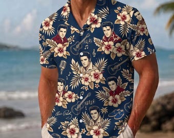 Elvis Presley Hawaiian Shirt, Vintage Rock N Roll Button Down, 50s Music Lover Gift, Tropical Aloha Beach Shirt, Gift for Elvis Lovers