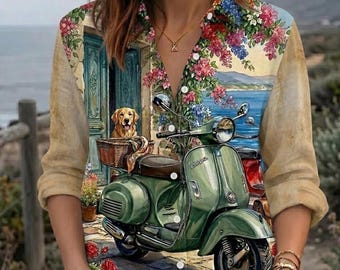 Camisa estilo lino con estampado de scooter vintage, camisa retro de la costa italiana, regalo ideal para amantes de los perros Golden Retriever, blusas para vacaciones en la playa mediterránea.
