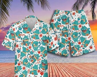 Kawaii Teal Monster Hawaiian Shirt Set, Sleepy Anime Creature Aloha Shorts, Retro Gamer Beachwear, Floral Summer Vacation Outfit