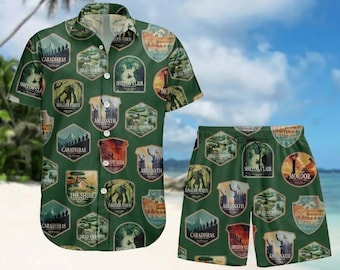 Camisa hawaiana de la Tierra Media, camisa abotonada de El Señor de los Anillos con estampado de Rivendell, la Comarca y Mordor, camisa de parque nacional de fantasía y aventura, regalo para fans de El Señor de los Anillos