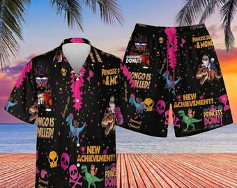 Conjunto hawaiano de princesa donut, camiseta de regalo para fans de Dungeon Crawler, ropa de playa para gamers con temática de donuts, conjunto de shorts divertidos de gatos y dinosaurios, atuendo de verano