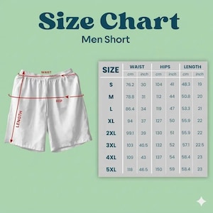 May include: White men's shorts with a drawstring waist, hip, and length measurements. A size chart displays waist, hip, and length in inches and centimeters. The chart is labeled "Size Chart Men Short."