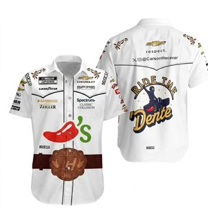 May include: White button-up shirt with various logos, including "NASCAR CUP SERIES," "CHEVROLET," and "Chili's." The shirt features a red chili pepper graphic and the text "RIDE THE Dente."