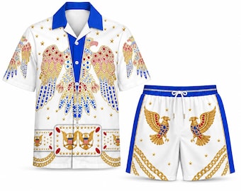 Elvis Presley Aloha Eagle Hawaiian Shirt and Shorts Set, Jeweled Rhinestone Eagle Rock and Roll Outfit, Retro 70s Summer Suit