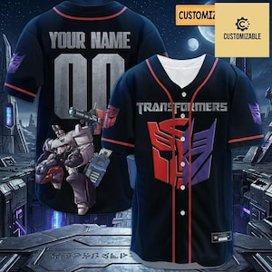 May include: A black baseball jersey featuring the text Transformers, a split Autobot and Decepticon logo, and a Megatron graphic. The back displays the text Your Name above the number 00. The design includes red piping and a customizable label.