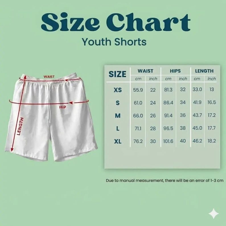 May include: White youth shorts with a drawstring waist, displayed with a size chart. The chart provides measurements in inches and centimeters for waist, hips, and length, ranging from XS to XL. The shorts are shown with measurements for waist, hip, and length.