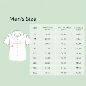 May include: A white button-down shirt with a collar, accompanied by a size chart labeled "Men's Size." The chart provides measurements in inches for length, chest width, and sleeve length, ranging from size S to 5XL.