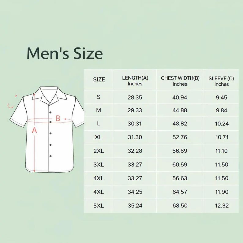 May include: A white button-down shirt with a collar, accompanied by a size chart labeled "Men's Size." The chart provides measurements in inches for length, chest width, and sleeve length, ranging from size S to 5XL.