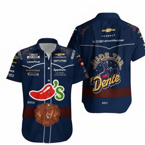 May include: Navy blue button-up shirt featuring racing and Chili's branding. The front displays a red chili pepper and the text "Chili's" and "2026". The back has "Ride the Dente" text and a Chevrolet logo. Includes sponsor logos.