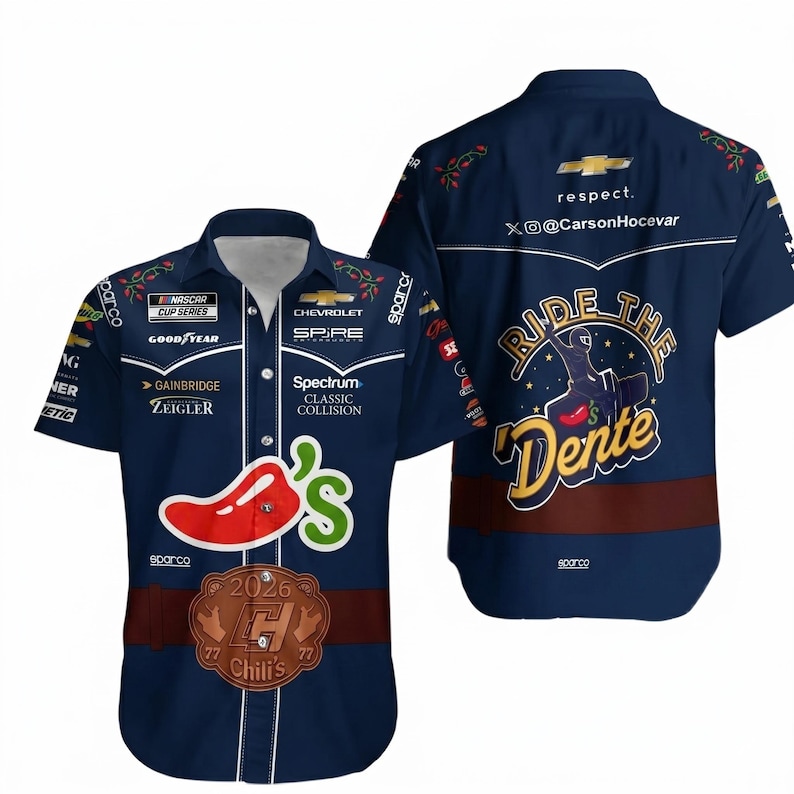 May include: Navy blue button-up shirt featuring racing and Chili's branding. The front displays a red chili pepper and the text "Chili's" and "2026". The back has "Ride the Dente" text and a Chevrolet logo. Includes sponsor logos.