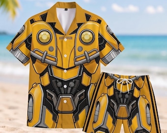 Camisa hawaiana inspirada en Bumblebee, camisa abotonada con armadura de robot, pantalones cortos de verano, regalo para fans de Transformers.