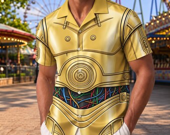 Sci Fi Robot Hawaiian Shirt, Mens Gold Short Sleeve Button Up, Futuristic Armor Aloha Shirt, Geek Gift, Summer Vacation Top