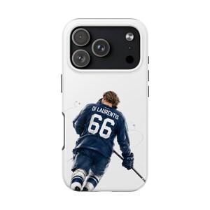 May include: White phone case featuring a hockey player in a blue jersey with the name "Di Laurentis" and the number "66". The player is holding a hockey stick, set against a white background.