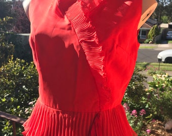 Pucker up ~ 1960s Lipstick red frilled chiffon mini dress ~ Sz S