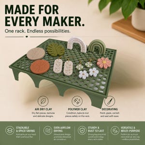 May include: A dark green rectangular drying rack with a honeycomb surface pattern, featuring various small clay shapes including arches, flowers, and leaves. The text reads MADE FOR EVERY MAKER. One rack. Endless possibilities. AIR DRY CLAY, POLYMER CLAY, DECORATING.