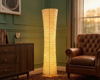 Handmade Rice Paper Floor Lamp – Japanese Style LED Standing Lamp – Minimalist White Paper Lamp for Living Room Decor