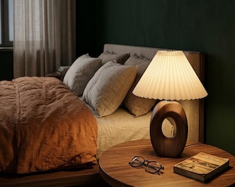 Scandinavian Wooden Table Lamp – Nordic Bedside Lamp with Pleated Shade – Minimalist Reading Light for Cozy Home Decor