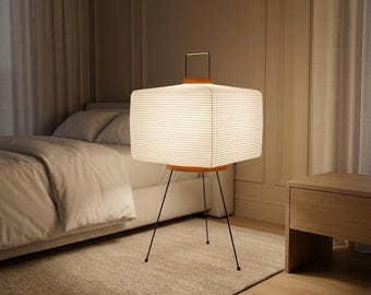 Lámpara de mesa trípode japonesa, lámpara de pie de papel de arroz, lámpara de mesita de noche minimalista, luz ambiental LED, decoración moderna para el hogar, iluminación cálida y acogedora.