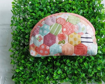 The Peachy floral cosmetic patchwork hexagon dumpling zip pouch