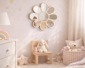 Boho Daisy Acrylic Mirror, Wood Frame Floral Wall Decor, Bedroom Nursery Accent