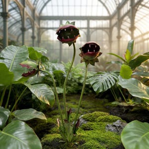May include: Three carnivorous plants with open, tooth-lined mouths, set against a backdrop of lush green foliage and a greenhouse. The plants have green stems and dark green, red-edged mouths, creating a striking contrast with the surrounding greenery.
