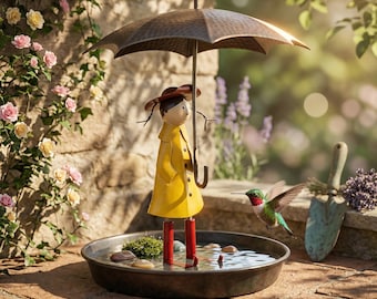 Comedero y bebedero para pájaros colgante con diseño de niña con impermeable, decoración de jardín exterior de metal, comedero para pájaros con forma de paraguas vintage para patio.