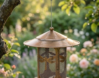 Vintage Metal Hanging Bird Feeder, Dragonfly/Butterfly Cut-Out Garden Decor, Rustic Outdoor Bird Feeder for Patio & Wildlife Watching