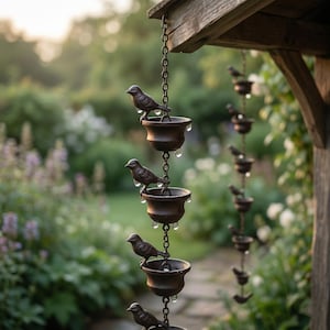 Może przedstawiać: Dekoracyjny łańcuch deszczowy z brązowymi kubkami w kształcie ptaków i ptakami. Łańcuch wisi na drewnianej konstrukcji, z widocznymi kroplami wody. Tło przedstawia bujny ogród.