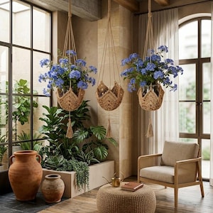 Handmade Boho Macrame Plant Hangers 2 Pack, Jute Hanging Planters with S Hooks, Woven Flower Pot Holders for Indoor & Outdoor Bohemian Home